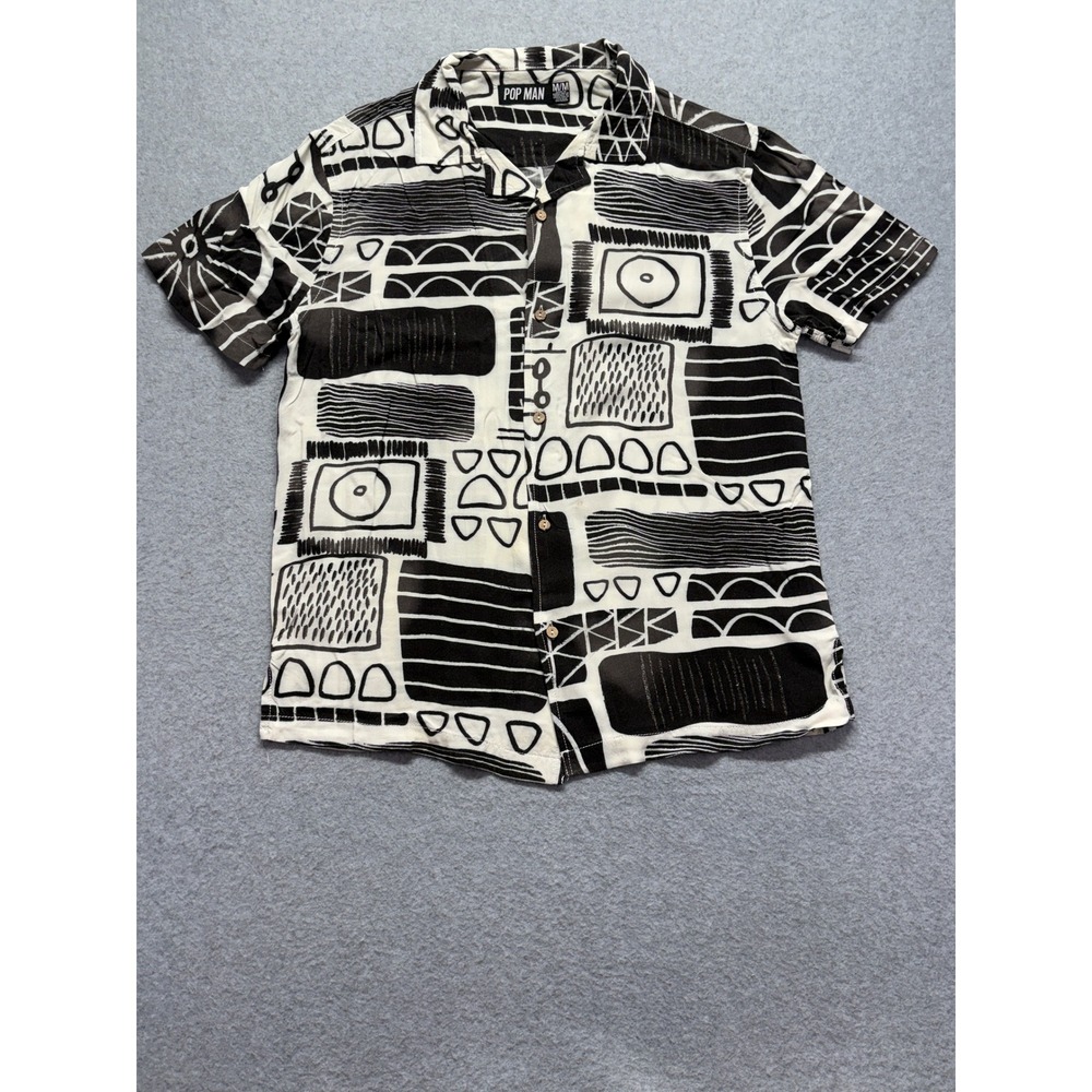 Pop Man Mens Abstract Geometric Short Sleeve Button Up Shirt Black White Size M